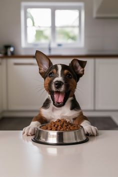 a dog is sitting in front of a bowl of food and yawning it's teeth