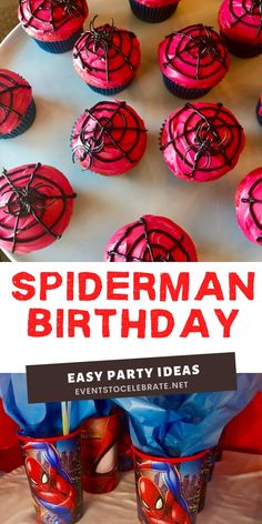 spiderman birthday cupcakes are displayed on a table