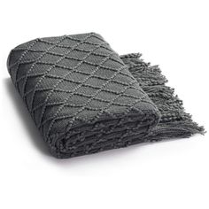 two gray blankets folded on top of each other with fringes in the center and bottom