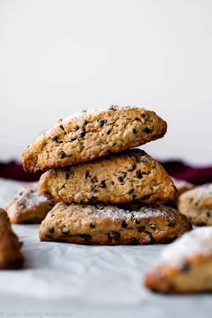 chocolate chip cookies stacked on top of each other