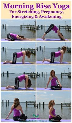 a woman doing yoga poses in front of the water