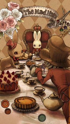 the mad tea party is set up with bunnies, cakes and cupcakes