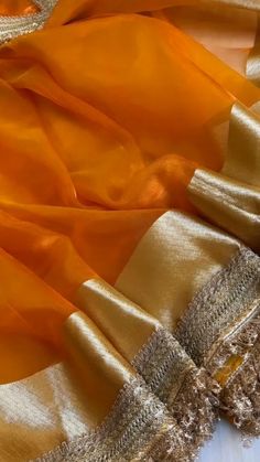 for haldi Haldi Saree Look, Gotapatti Saree, Haldi Saree, Ladylike Dress, Indian Bridesmaid Dresses, Wedding Lehenga Designs, Indian Bride Outfits, Orange Saree