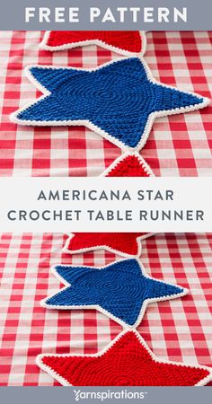 the american star crochet table runner is shown in red, white and blue