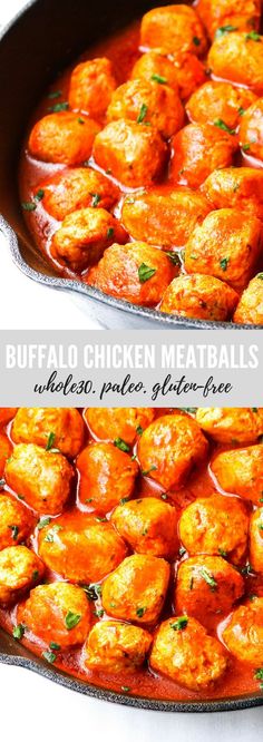 two photos of buffalo chicken meatballs in a skillet