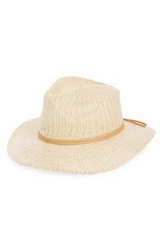 A knit construction lends chic style to this panama hat that is ideal for any cold-weather ensemble. Textile Spot clean Imported Casual Beige Woven Boater Hat, Chic Cream Panama Hat With Curved Brim, Casual Beige Panama Hat With Flat Brim, Chic Cream Flat Brim Panama Hat, Everyday Beige Fedora Straw Hat, Chic Beige Woven Hat, Casual Straw Fedora For Everyday, Neutral Flat Brim Hat For Beach, Casual Everyday Straw Fedora