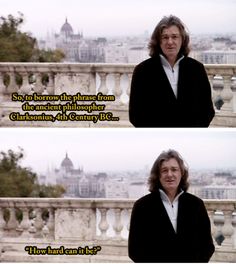 a man standing in front of a balcony next to a building with a quote on it