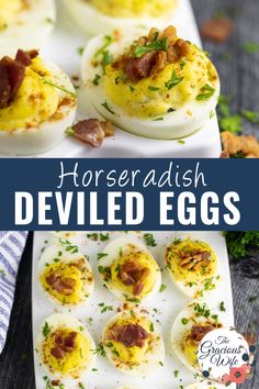 deviled eggs on a white plate with text overlay that reads, horseradish deviled eggs