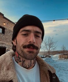 Mustache Fashion Men, Beard Stache Style, Dark Hair Tattoos Men, Mustache Men Aesthetic, Mullet And Mustache Aesthetic, Men With Septum Piercing, Old Person With Tattoos, Mens Facial Hair Ideas, Tattooed Men Aesthetic