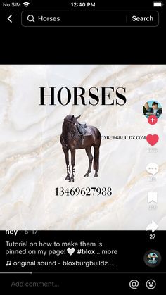 a horse is shown on the screen with other images and text below it that reads horses