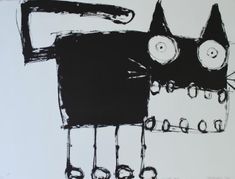 a black and white drawing of a cat with big eyes on it's face