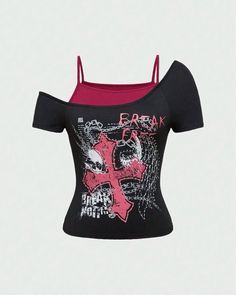 Rhinestone Shirts Y2k, Scene Crop Top, Goth Shirt Design, Fitted Graphic Tee, Emo Shirt Designs, Scene Shirts, Pink And Black Shirt, Scene Clothing, Emo Shirt