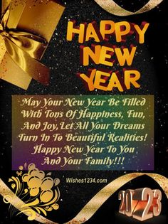 a happy new year greeting card with gold ribbon and gift box on black paper background