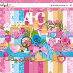 a pink and blue digital scrapbook page featuring princesses, flowers, hearts, and letters