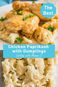 the best chicken paprikash with dumplings on a white plate and blue text overlay