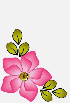 a pink flower with green leaves and a gold button on it's center, in front of a white background