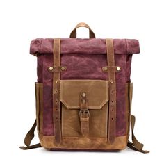 Large 5 Color Waxed Vintage Canvas Leather Traveling Backpack - InnovatoDesign Waxed Canvas Leather Backpack, Leather Travel Backpack, Waxed Canvas Backpack, Commuter Backpack, Canvas Rucksack, Leather Laptop Backpack, Vintage Backpacks, Canvas Messenger Bag, Canvas Bags