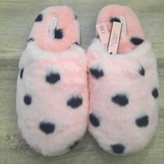 * New, With Tags, Never Worn * Faux Fur Pink Synthetic Winter Slippers, Pink Flat Synthetic Slippers, Welcome House, Striped Slippers, Victoria Secret Shoes, Pink And White Stripes, House Slippers, Fur Trim, Victoria's Secret Pink