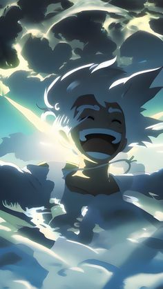 an animated image of a man with his hair blowing in the wind and clouds behind him