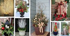 christmas decorations are displayed in front of a house and on the outside, along with other holiday decor