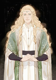 a man with long blonde hair wearing a white dress and green cape standing in front of a dark background