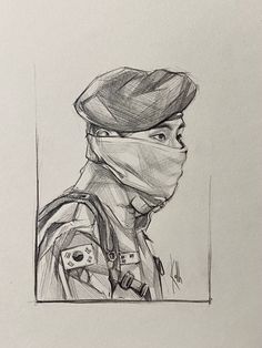 a pencil drawing of a soldier wearing a face mask and holding a camera in his hand