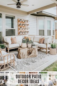 an outdoor living room with furniture and plants on the outside patio, along with a ceiling fan