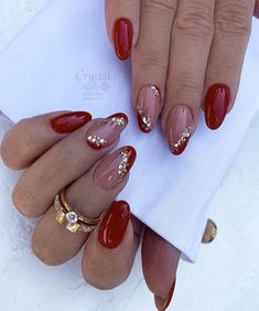 Red Nail Designs For Wedding, Bridal Red Nails Wedding, Winter Nail Ideas Red, Red And Gold Tip Nails, Hoco Nails For Red Dress, Red And Gold Nails Almond, Red Bridal Nails Wedding, Red And Gold Holiday Nails, Red Nails With Gold Accent