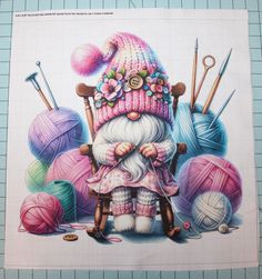 a painting of a gnome sitting in a chair surrounded by balls of yarn and knitting needles