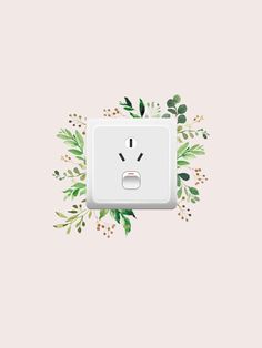 a white electrical outlet with green leaves and plants around it on a light pink background