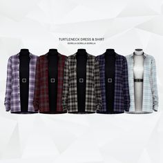 four different plaid shirts are lined up against a white background with the words tuttlen neck dress and shirt