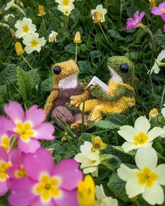 two stuffed animals are sitting in the middle of some flowers and grass with one reading a book