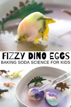 a bowl filled with fake dino eggs sitting on top of a white table next to toy dinosaurs