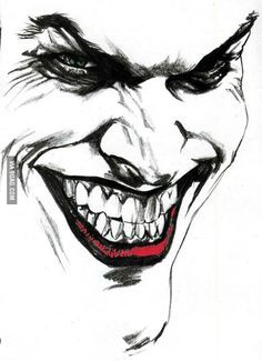 a drawing of the joker smiling with his teeth and mouth wide open to reveal an evil smile