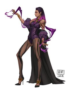 an image of a woman in costume with purple hair and heels holding a fan on her arm