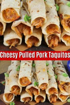 cheesy pulled pork taquitass on a cutting board with text overlay