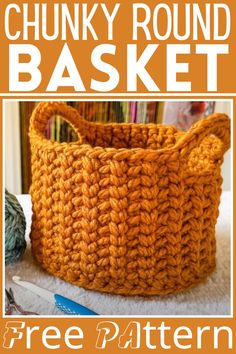 a crocheted basket with the text chunk round basket free pattern in orange and white