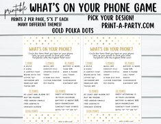 what's on your phone game with gold polka dots and white text that says, what