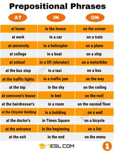 an orange and white poster with the words prepositional phrases on each one side