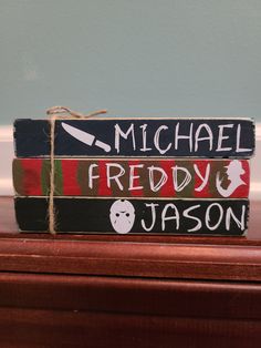 three books stacked on top of each other with the words michael frieddy and jason written on them