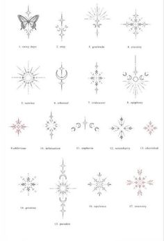 the different types of snowflakes are shown in black and white