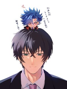 an anime character with blue hair and green eyes, wearing a black jacket and tie