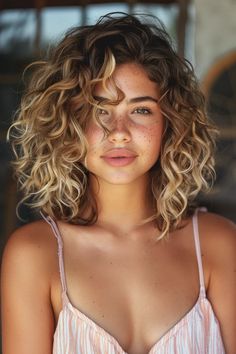 45 Natural Curly Hair Blonde Balayage Hairstyles For The Most Beautiful Curls Curly Bob Balayage, Natural Curly Bob Hairstyles Medium, Short Blonde Balayage Hair, Curly Brown Hair With Blonde Highlights, Blonde Highlights Curly Hair Natural Curls, Curly Short Haircuts For Women, Curly Haircuts Ideas, Biracial Hair Styles, Natural Curly Hair Blonde