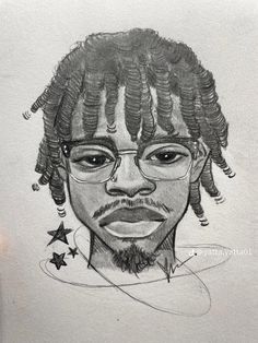 a drawing of a man with glasses and dreadlocks on his head is shown