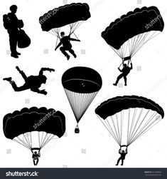 silhouettes of people parachuting in the air with parachutes and parachuters