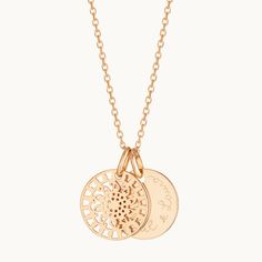 Mandala Necklace, Disc Necklace, 925 Sterling Silver Chain, Engraved Necklace, Metal Pendant, Champagne Gold, Metal Necklaces, Hand Engraving, 18k Rose Gold