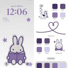 an iphone screen with purple and white color scheme for the app, which features cartoon characters