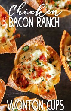 cheesy baked bacon ranch wonton cups with text overlay