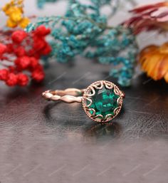 "Vintage Emerald Ring, Round Cut 8mm Emerald Engagement Ring, Lace Bezel  Wedding Ring, May Birthstone Ring, Stackable Ring, Anniversary Gift ✿ Metal: 14K Gold (White/ Yellow/ Rose Gold), we can also make the ring in 18K gold or Platinum, contact us if you want! -----「Engagement Ring Details」----- * Center Stone: (Lab Created) Emerald  * Color: Green - 5A * Clarity: VVS * Stone Shape: Round Cut * Stone Weight: Approx. 2.00 CT * Side Stone: None * Band Width: 2.1mm √ CUSTOM √ PAYMENT PLAN √ ENGRAVING  Production Time  The process of making this order is 2-3 weeks for the hand made production and shipping. The reason it takes that amount of time is because I start making them from scratch once the order is received. We prefer to give my retail customers a more \"fresh from the oven\" jewelry Round Bezel Setting Promise Rings, Round Bezel Set Ring For Promise, Emerald Birthstone Ring With Bezel Setting, Rose Gold Bezel Set Birthstone Ring For Wedding, Rose Gold Birthstone Ring With Bezel Setting For Wedding, Formal May Birthstone Halo Ring, Round Crystal Ring With Bezel Setting As A Gift, Crystal Ring With Bezel Setting For Gift, Halo Ring With May Birthstone