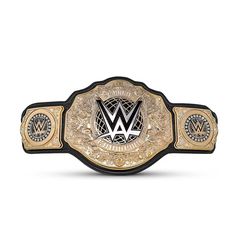 the wwe wwfw championship belt is shown in gold and black, with an emblem on it